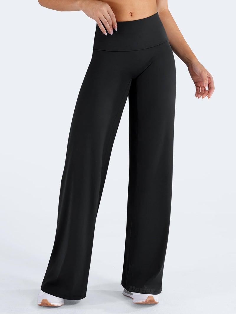 VOYJOY Fold Over Straight Leggings Womens Wide Leg Yoga Pants No Front Seam 31.5" Mid Low Waist Stretch Sweatpants Black XS - Image 4