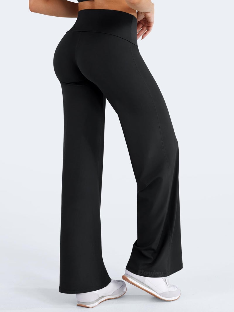 VOYJOY Fold Over Straight Leggings Womens Wide Leg Yoga Pants No Front Seam 31.5" Mid Low Waist Stretch Sweatpants Black XS - Image 5