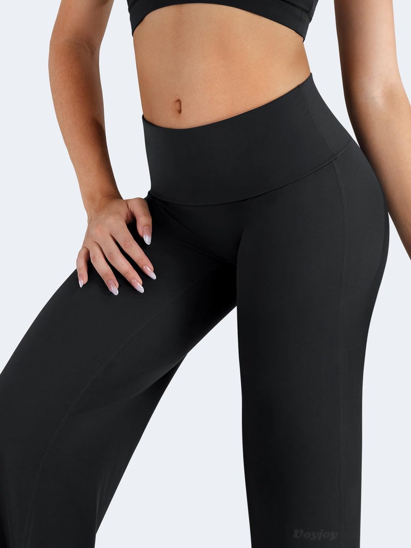 VOYJOY Fold Over Straight Leggings Womens Wide Leg Yoga Pants No Front Seam 31.5" Mid Low Waist Stretch Sweatpants Black XS - Image 2
