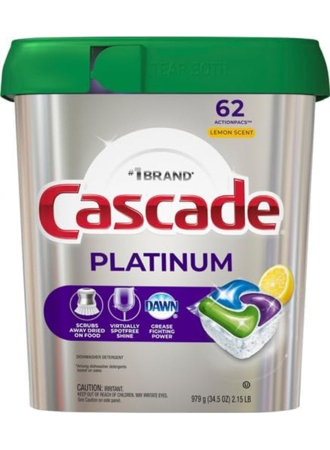 Cascade Platinum Dishwasher Pods, ActionPacs Dishwasher Detergent, Lemon, 62 Count - Image 3