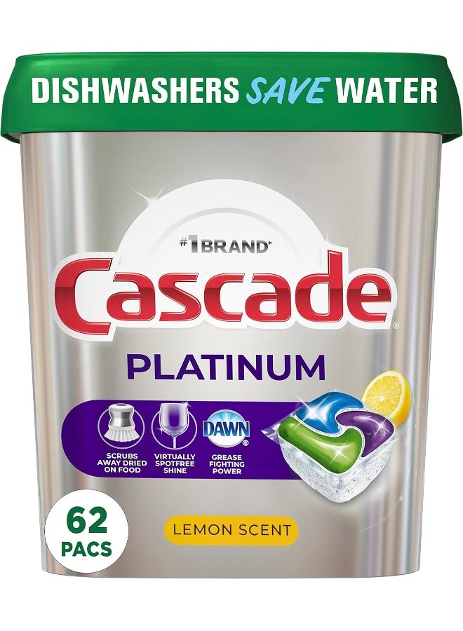 Cascade Platinum Dishwasher Pods, ActionPacs Dishwasher Detergent, Lemon, 62 Count - Image 1