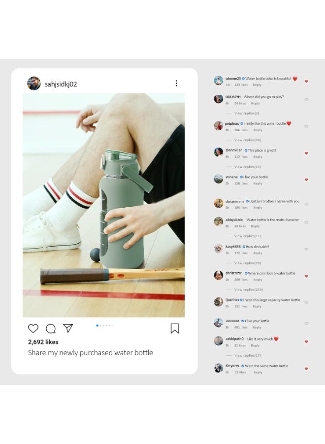 كيلا زجاجات مياه زجاجية سعة 64 أونصة مع ماصة، زجاجة تحفيزية سعة نصف جالون مع غلاف سيليكون وعلامة زمنية، إبريق ماء زجاجي كبير مقاوم للتسرب سعة 2 لتر للصالة الرياضية والمنزل والمكتب، زيتوني - Image 4