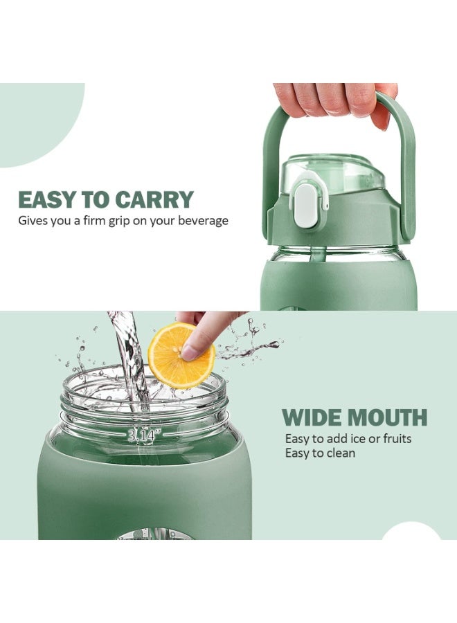 كيلا زجاجات مياه زجاجية سعة 64 أونصة مع ماصة، زجاجة تحفيزية سعة نصف جالون مع غلاف سيليكون وعلامة زمنية، إبريق ماء زجاجي كبير مقاوم للتسرب سعة 2 لتر للصالة الرياضية والمنزل والمكتب، زيتوني - Image 3