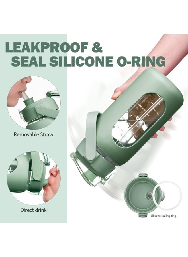 كيلا زجاجات مياه زجاجية سعة 64 أونصة مع ماصة، زجاجة تحفيزية سعة نصف جالون مع غلاف سيليكون وعلامة زمنية، إبريق ماء زجاجي كبير مقاوم للتسرب سعة 2 لتر للصالة الرياضية والمنزل والمكتب، زيتوني - Image 5