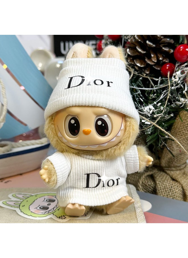 Labubu Sitting Party Doll Clothes Generation II Blind Box Labubu Doll Clothes Ragcloth Clothes Plush Vinyl Face-Specification:First And Second Generation Universal (doll Not Included) - Standard Outfit-Color:D Family White Suit (hat + Sweater)  - Image 1