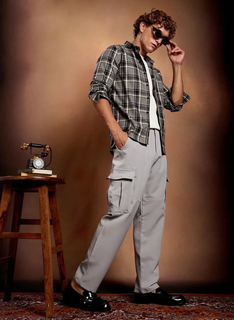 Campus Sutra Campus Sutra Men's Moon Grey & Onyx Black Shadow-Check Regular Shirt For Casual Wear | Spread Collar | Long Cuffed Sleeves | Button Closure | Shirt Crafted With Comfort Fit For Everyday Wear