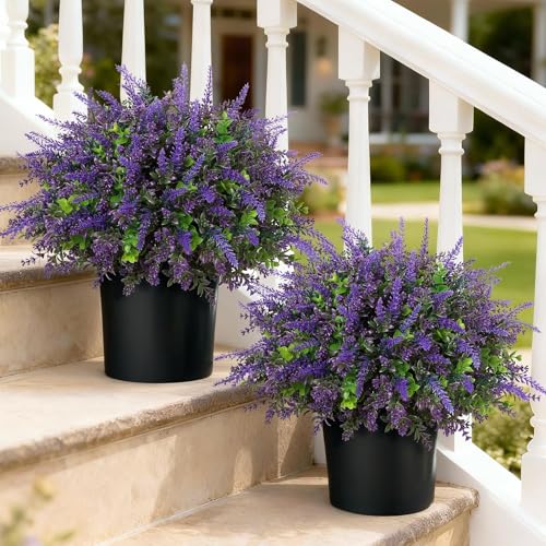 VIERENA 2 Sets Artificial Eucalyptus & Lavender Topiary Trees for Front Door - Faux Lavender Potted Topiary Trees, UV Resistant Fake Outdoor Plants for Farmhouse Porch Garden Decor - Image 1