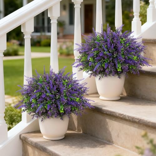 VIERENA 2 Sets Artificial Eucalyptus & Lavender Topiary Trees for Front Door - Faux Lavender Potted Topiary Trees, UV Resistant Fake Outdoor Plants for Farmhouse Porch Garden Decor - Image 2