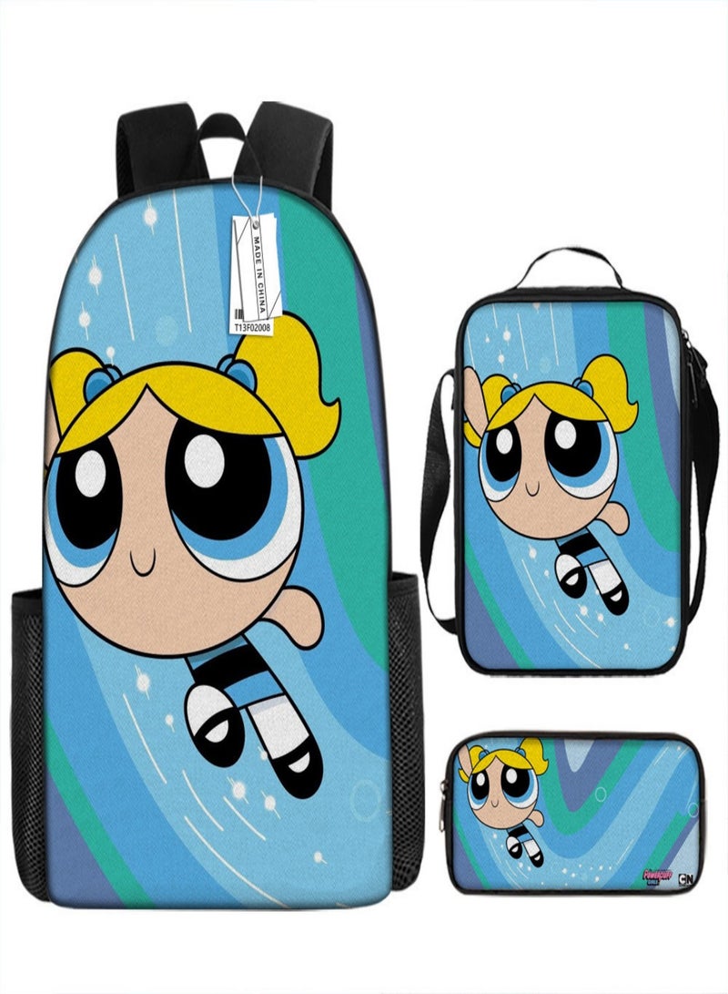 the powerpuff girls Children Backpack Schoolbag Teen Student School Book bag with Lunch Box Pen Case 3 in 1 for Kids