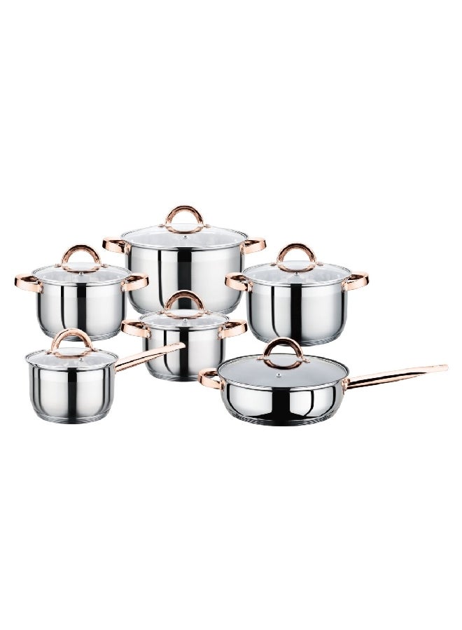 12-Piece Durable High Quality Cookware Set with Glass Lid Silver and Gold 23.5 x 27.5 x 53.5 cm PF-GD