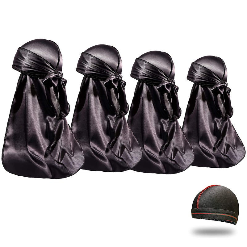 ForceWave 4PCS Silky Durags for Men Women 360 Waves with 1 Wave Cap, Silky Satin Durag Extra Long Tails Black Black Black Black - Image 1