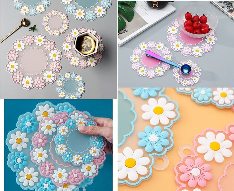 RoarCraft Silicone Coasters for Dining Table, Set of 3 Small Round Blue Daisy Flower Design, Non-Slip, Heat Resistant Trivet Mats, Dining Table Pads for Hot Pots, Bowls, Dishes & Drink (Blue) - Image 3