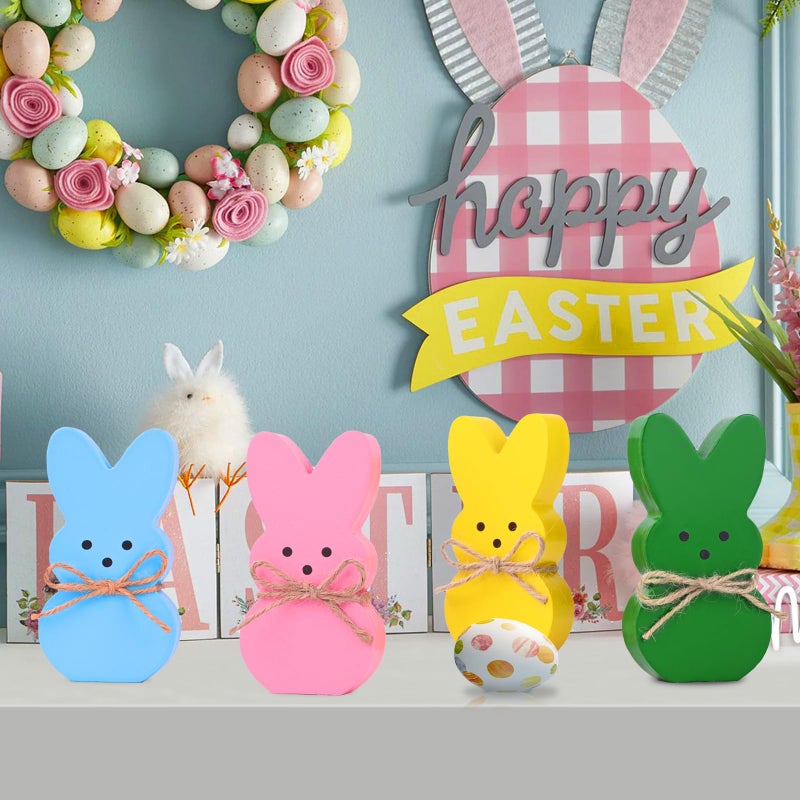 Cyunda Easter DÃ©cor, 4 Pcs Wooden Peep Bunny Decorations for Tiered Tray, Mantel, Farmhouse, Cute Spring Signs for Home, Office, Party Supplies - Image 4