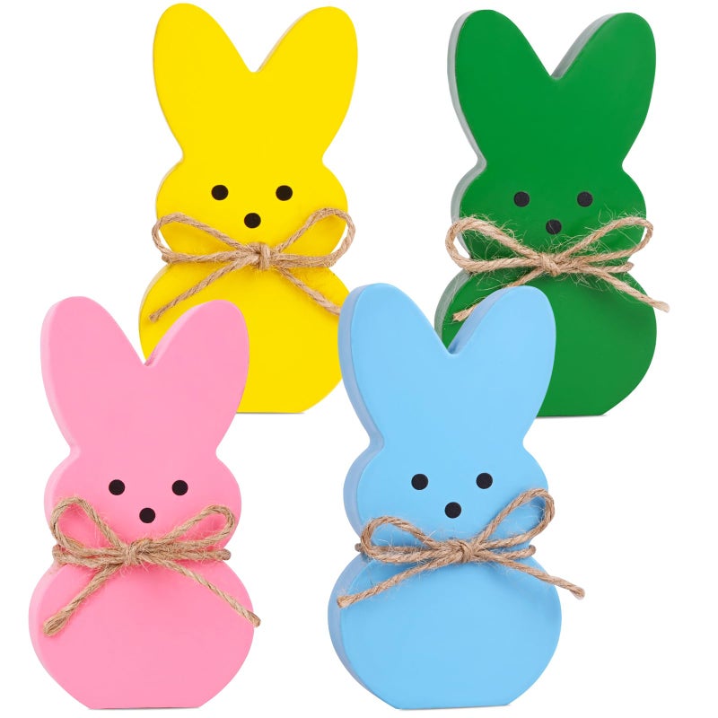 Cyunda Easter DÃ©cor, 4 Pcs Wooden Peep Bunny Decorations for Tiered Tray, Mantel, Farmhouse, Cute Spring Signs for Home, Office, Party Supplies - Image 1