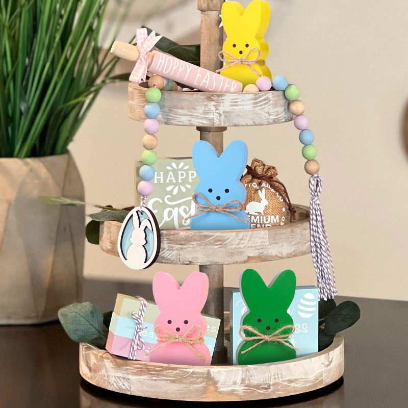 Cyunda Easter DÃ©cor, 4 Pcs Wooden Peep Bunny Decorations for Tiered Tray, Mantel, Farmhouse, Cute Spring Signs for Home, Office, Party Supplies - Image 5