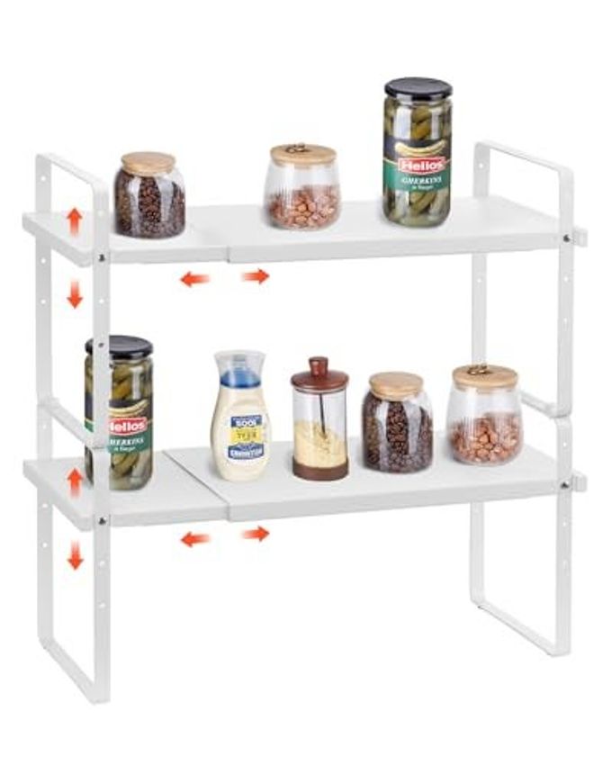 VEVOR Adjustable Kitchen Cabinet Shelf Organizer, Expandable 2 Tier Cabinet Shelf, Stackable Countertop Organizers and Storage Risers, Pantry for Kitchen Bathroom Office, White