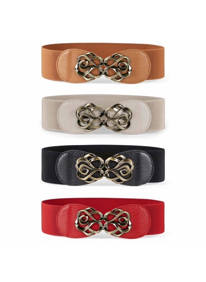 JASGOOD Women Stretchy Belts for Dresses Vintage Elastic Wide Waist Belts 4 Pack, A-black+brown+deep Beige+red, Suit for waist size 44"-49" - Image 1