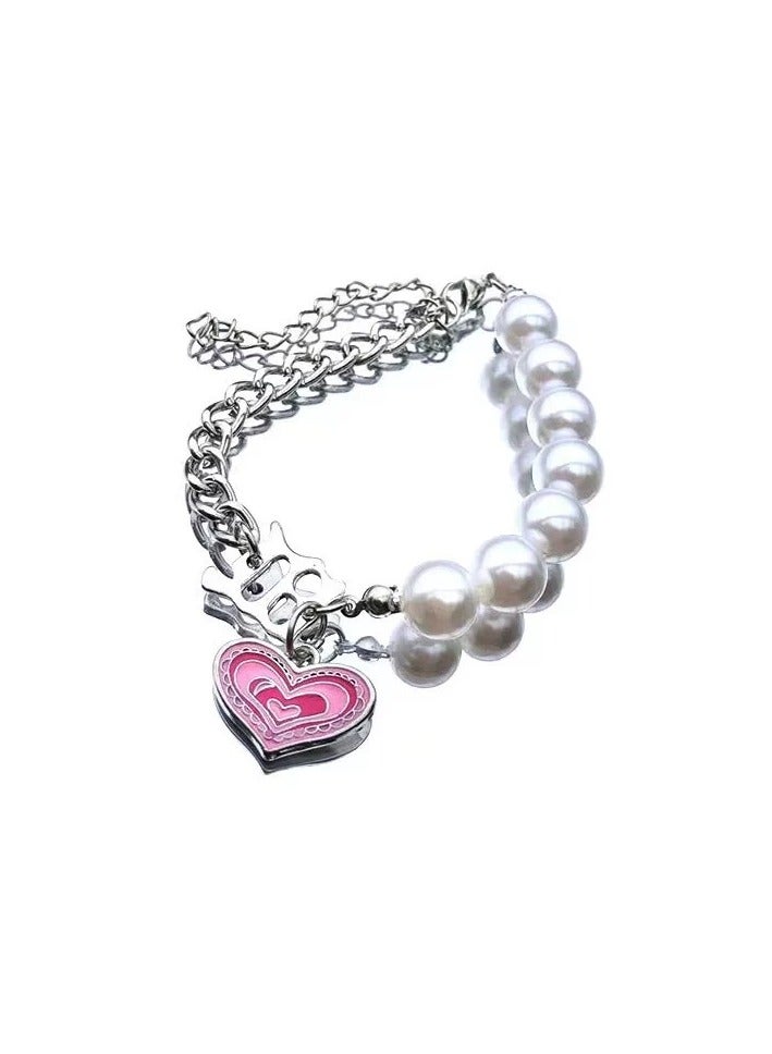 Goolsky Pink Heart Pearl Jewelry Set – Y2K Style Necklace & Bracelet for Girls, Trendy Statement Accessories  - Image 1