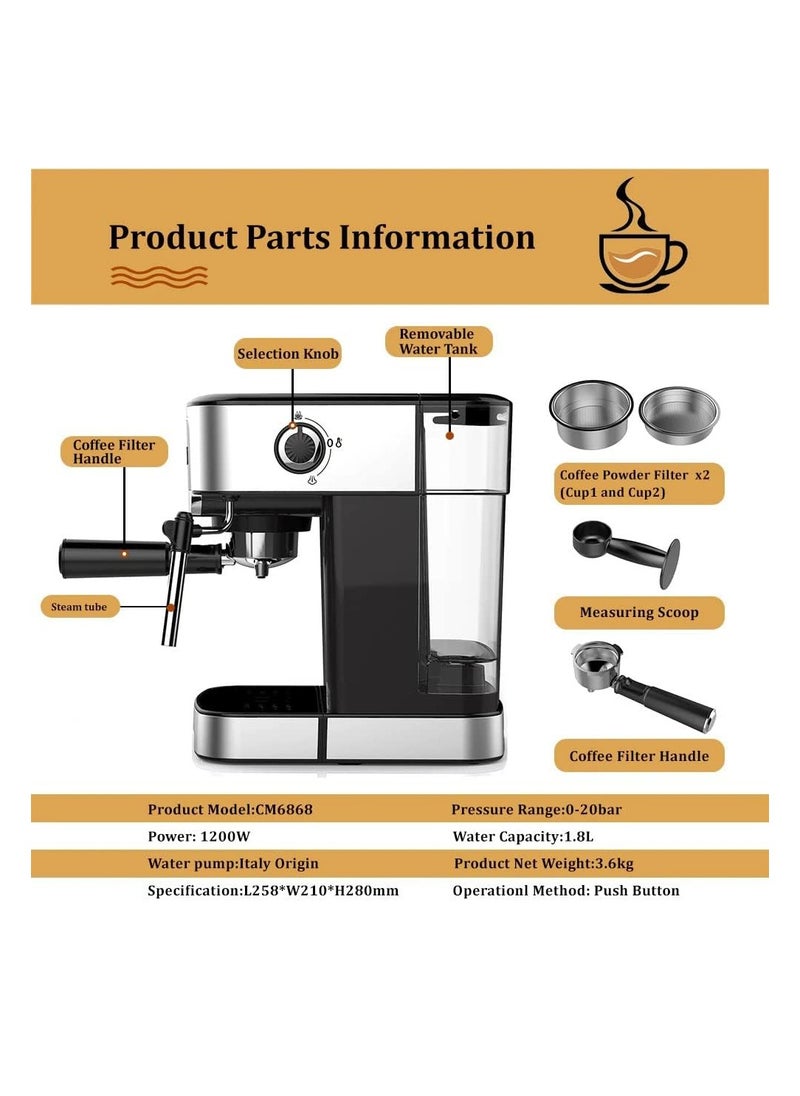 Biolomix - Biolomix 1200W 20 Bar Espresso Coffee Machine Instant Preheat Coffee Maker With Milk Frother Cafetera Cappuccino Hot Water Steam, black, CM6868 - Image 1