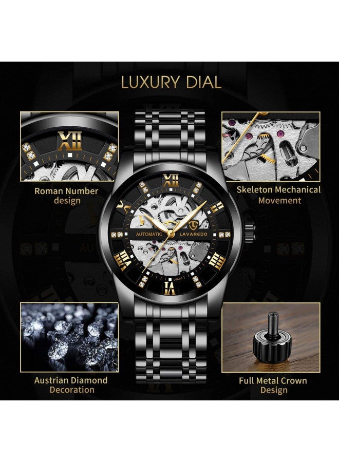 A ALPS Mens Watch Skeleton Luxury Mechanical Stainless Steel Waterproof Black Automatic Self-Winding Roman Numerals Diamond Dial Wrist Watch - Image 1
