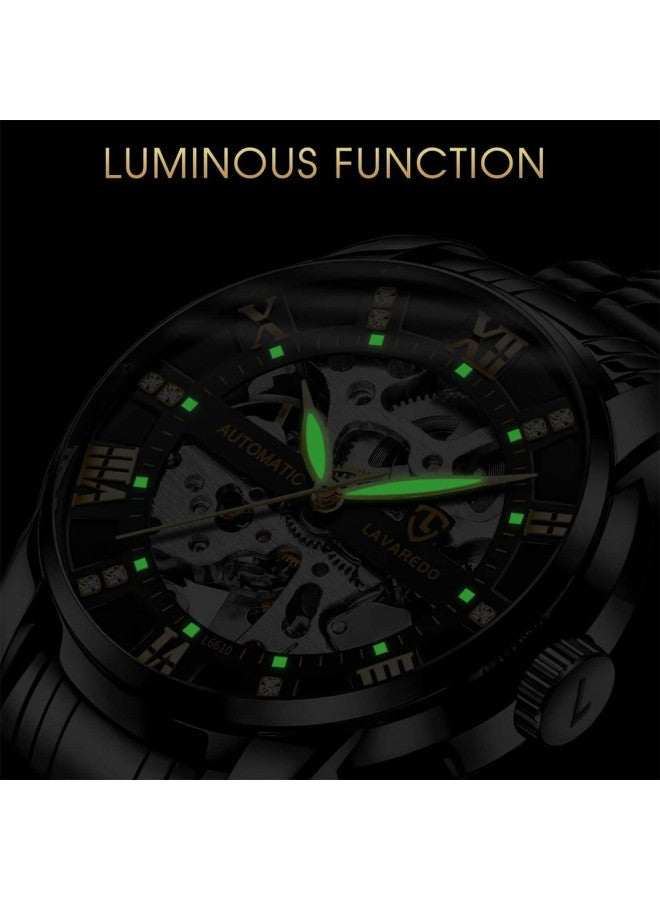 A ALPS Mens Watch Skeleton Luxury Mechanical Stainless Steel Waterproof Black Automatic Self-Winding Roman Numerals Diamond Dial Wrist Watch - Image 4