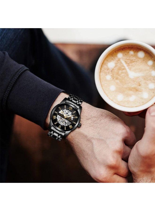 A ALPS Mens Watch Skeleton Luxury Mechanical Stainless Steel Waterproof Black Automatic Self-Winding Roman Numerals Diamond Dial Wrist Watch - Image 2