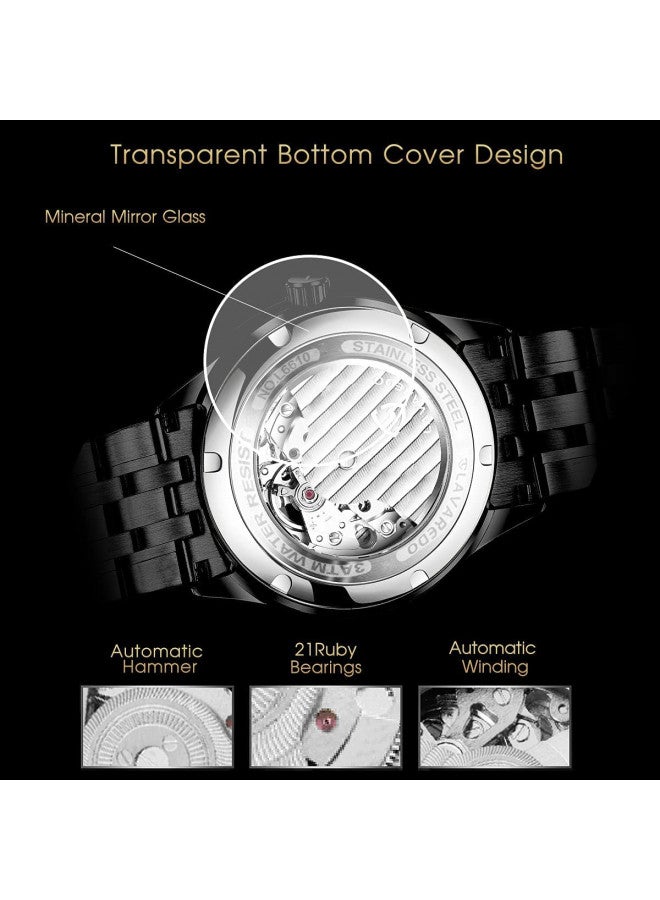 A ALPS Mens Watch Skeleton Luxury Mechanical Stainless Steel Waterproof Black Automatic Self-Winding Roman Numerals Diamond Dial Wrist Watch - Image 3