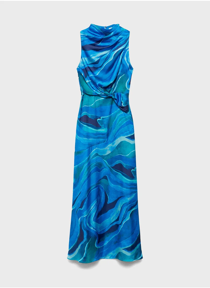 MANGO Satin Printed Dress With Draped Neck