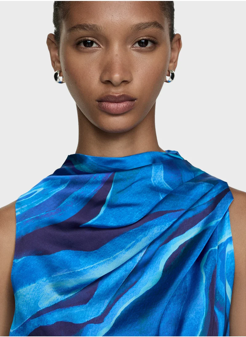 MANGO Satin Printed Dress With Draped Neck