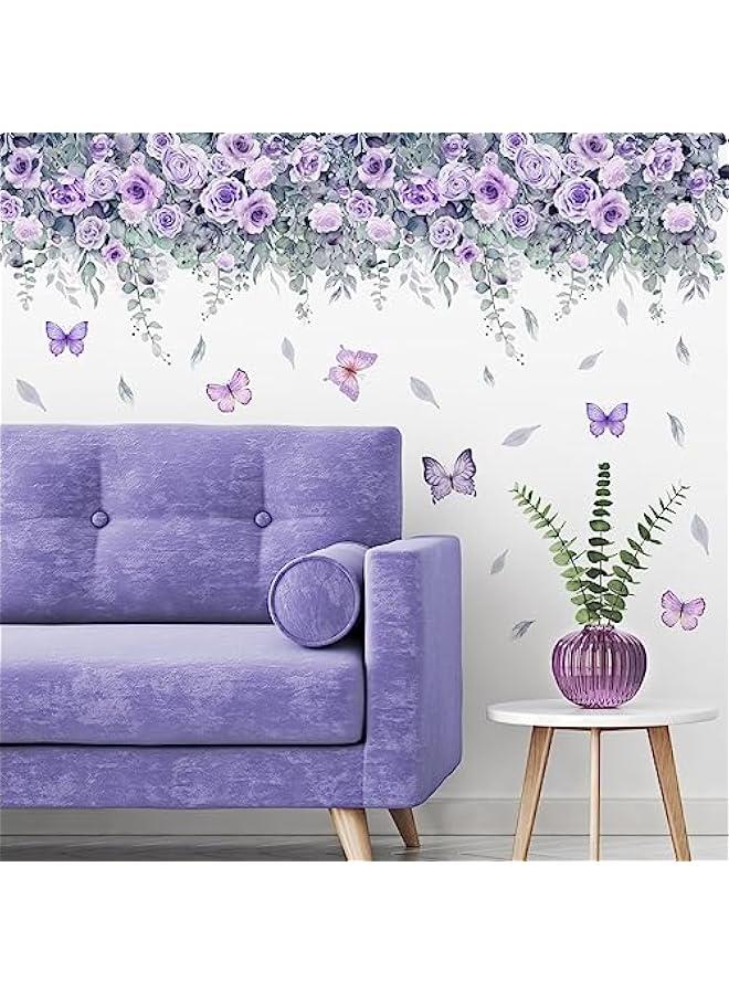 Purple Flowers Plant Wall Sticker for Living Room Bedroom Background Wall Decor Stickers Pastoral Wall Decals for Girls Room Monther Room Daughter Room Decoration Murals - Image 1