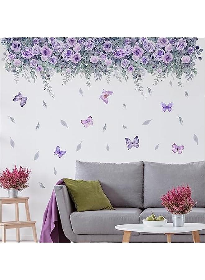 Purple Flowers Plant Wall Sticker for Living Room Bedroom Background Wall Decor Stickers Pastoral Wall Decals for Girls Room Monther Room Daughter Room Decoration Murals - Image 3