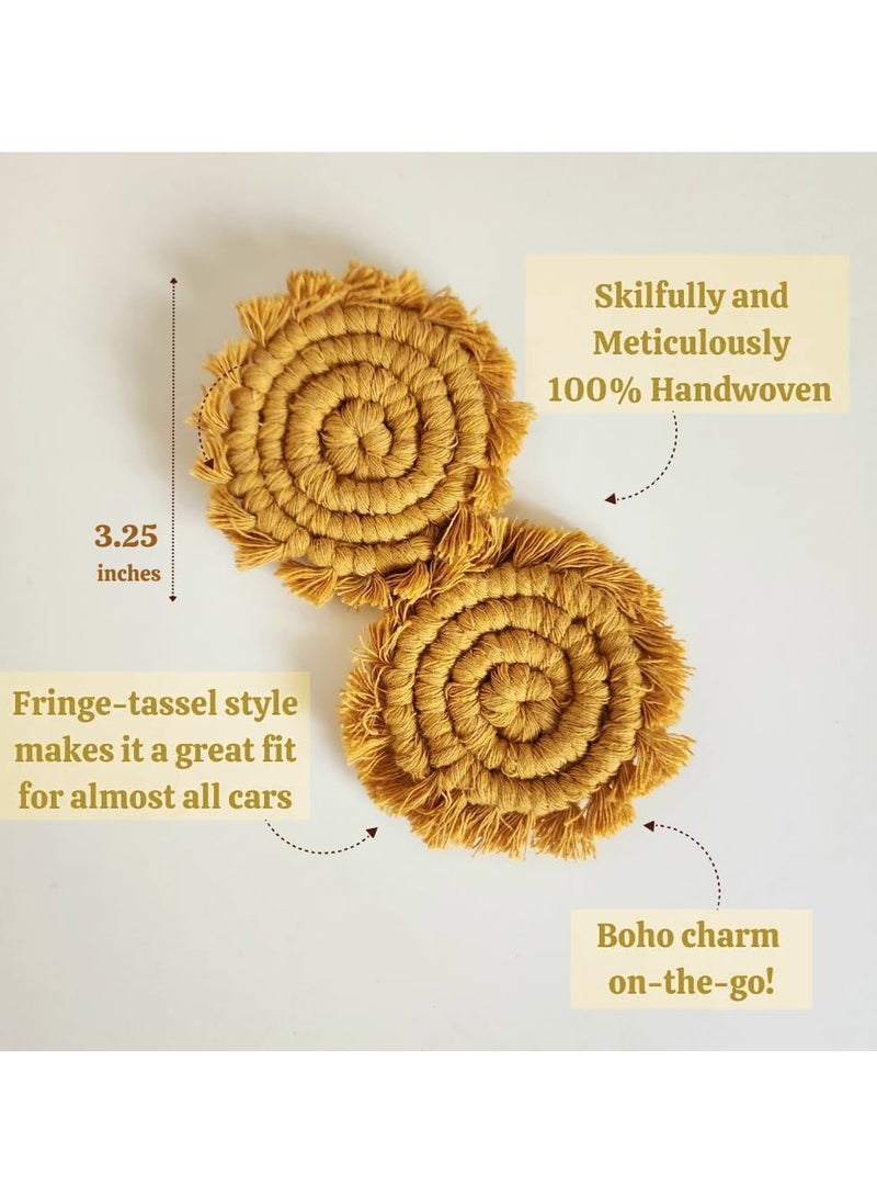 Generic Hand woven organic cotton car cup holder base, 3.25 inches, Bohemian style, with washable tassels, yellow mustard color, two-piece set  - Image 4
