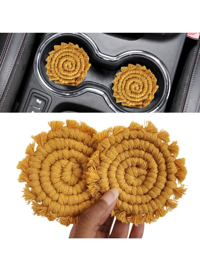 Generic Hand woven organic cotton car cup holder base, 3.25 inches, Bohemian style, with washable tassels, yellow mustard color, two-piece set  - Image 1
