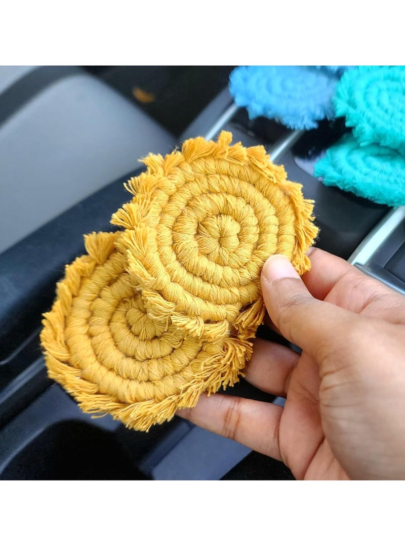 Generic Hand woven organic cotton car cup holder base, 3.25 inches, Bohemian style, with washable tassels, yellow mustard color, two-piece set  - Image 2