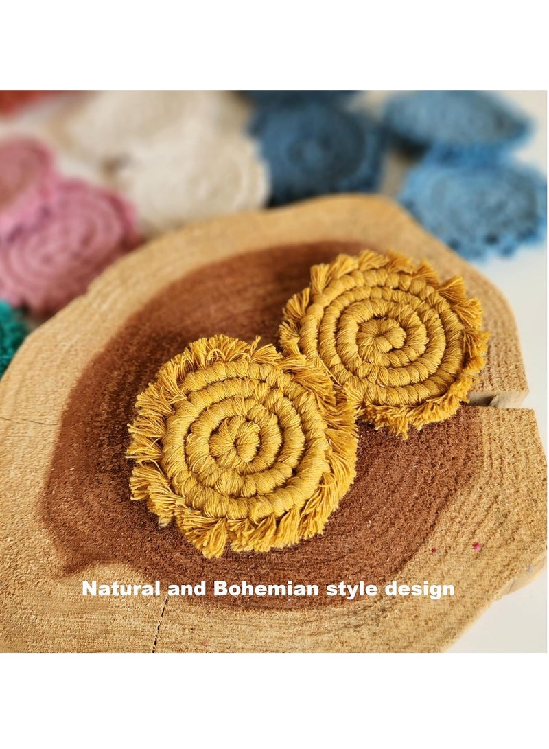 Generic Hand woven organic cotton car cup holder base, 3.25 inches, Bohemian style, with washable tassels, yellow mustard color, two-piece set  - Image 3