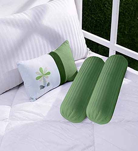 Trance Home Linen Trance Home Linen 100 Cotton 16x32 inch 200TC Striped Bolster Cover Round Bed Side Long Bolster Pillow Cover to fit 24 Length 9 Dia Pack of 2 Bolster Cover only 16x32 inchMoss Green - Image 2
