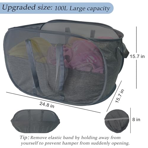 NairSnow Upgraded 100L Collapsible Laundry Basket, Extra Large Mesh Pop Up Laundry Hamper, Dirty Clothes Hamper with long Handles, Pop-up Hampers for Laundry Travel. Dorm or Home Portable Laundry Basket. Black - Image 2
