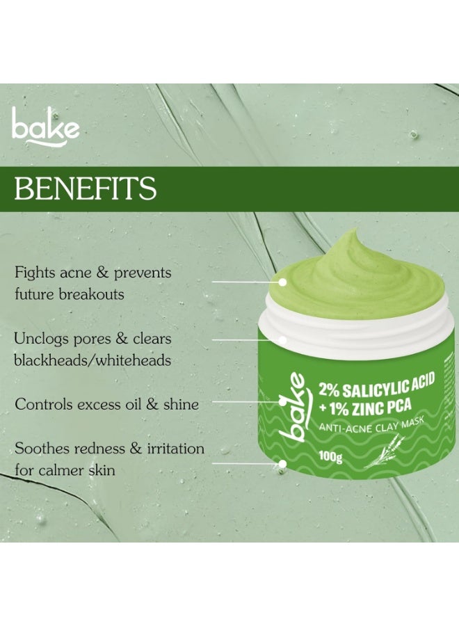 BAKE 2% Salicylic Acid Clay Mask Niacinamide for Acne Prone, Oily Skin, Open Pores & Blackheads | Anti Acne Clay Mask with Kaolin Clay | For Dark Spots, Oily Skin & Blemishes - 100g (Anti Acne) - Image 2