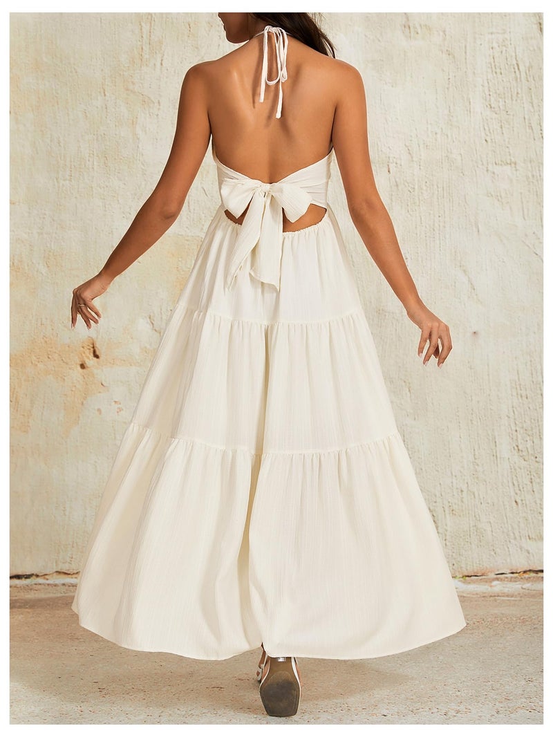 OYOANGLE Women's Summer Beach Sundress Formal Wedding Guest Dress Backless Flowy Vacation Boho Maxi Dresses Beige X-Small - Image 2