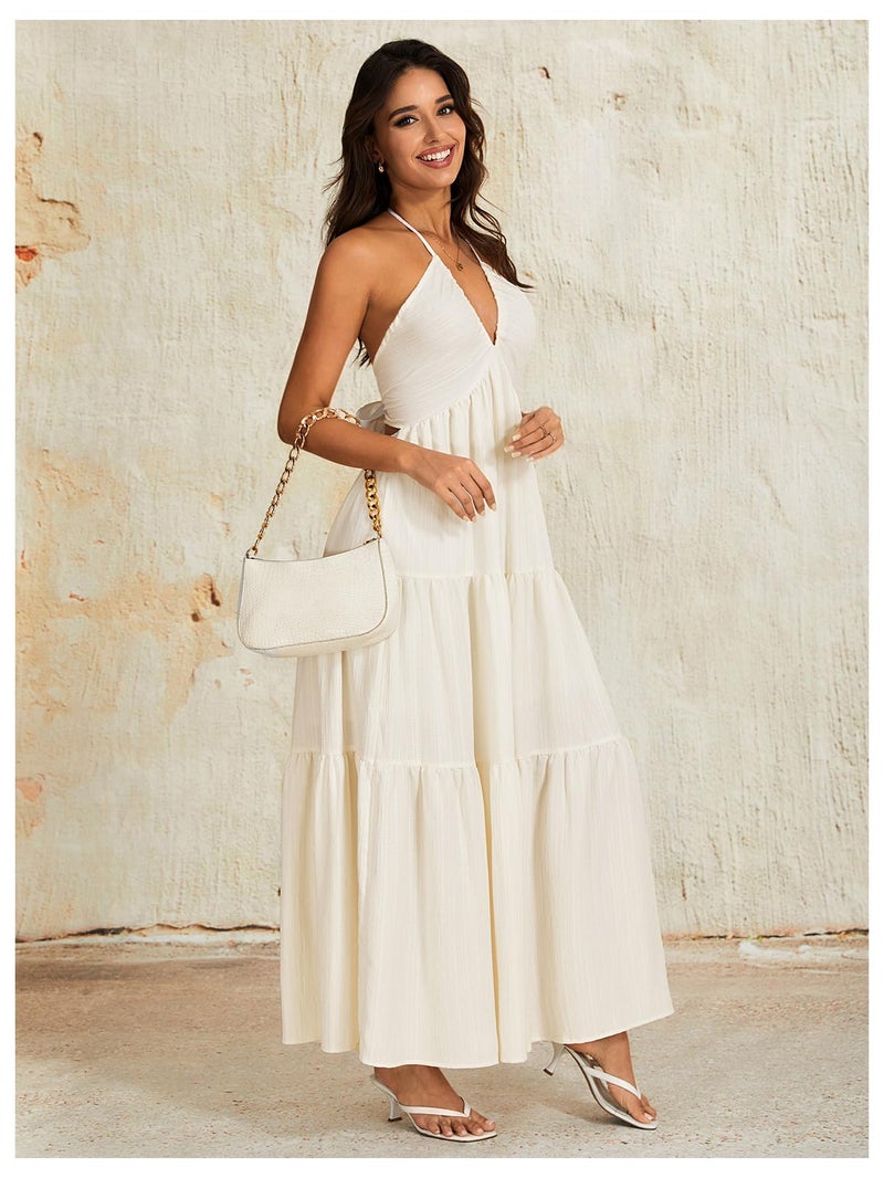 OYOANGLE Women's Summer Beach Sundress Formal Wedding Guest Dress Backless Flowy Vacation Boho Maxi Dresses Beige X-Small - Image 4