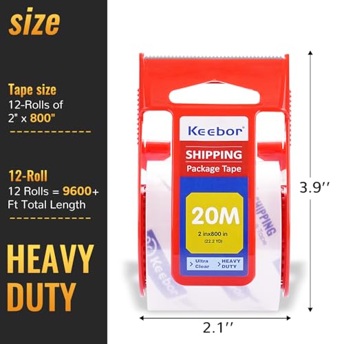 Keebor 12 Rolls Packaging Tape with Dispenser Heavy Duty Packing Tape Clear Tape for Shipping Mailing Wrapping 15 Core - Image 3