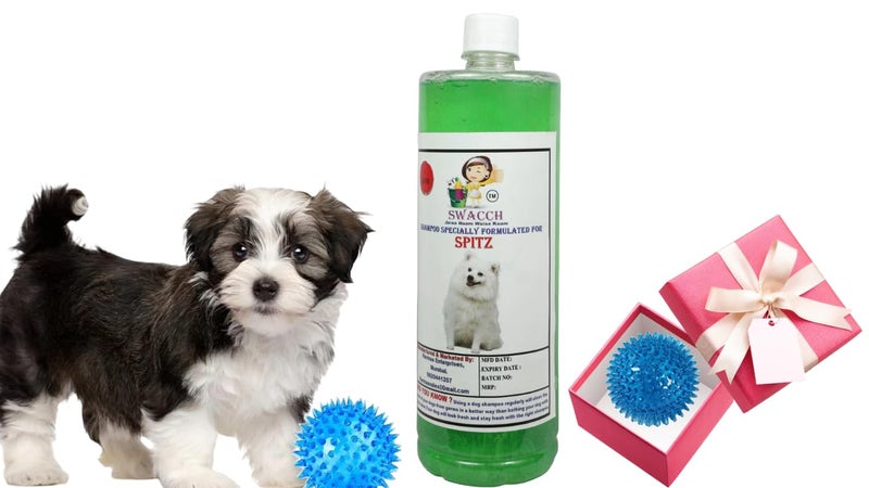 swacch Shampoo | Puppy Safe Shampoo | PH Balanced | Ditch to Itch for Spitz Dog Shampoo 1 Litre (Neem Alovera) + Spike Ball Chew Toy Combo Pack - Image 1