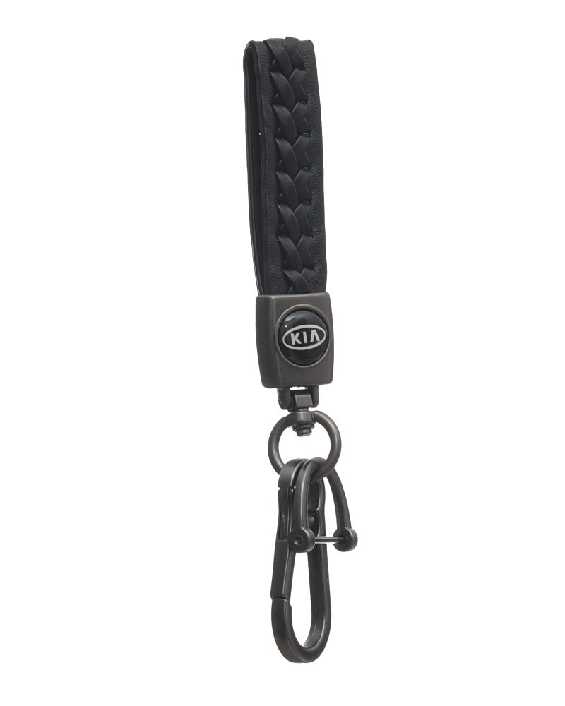 KIA Leather Logo Keychain for Kia Car and Metal Chain Keyring - Black - Image 3