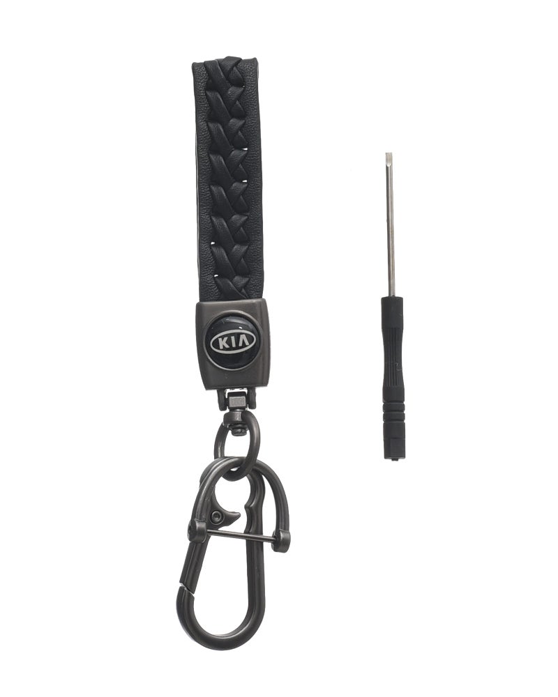 KIA Leather Logo Keychain for Kia Car and Metal Chain Keyring - Black - Image 2
