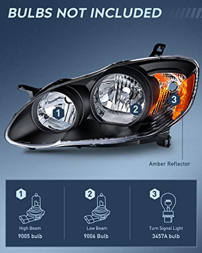 Nilight Headlight Assembly For 2003 2004 2005 2006 2007 2008 Toyota Corolla Headlamps Replacement Black Housing Amber Reflector Driver And Passenger Side - Image 5