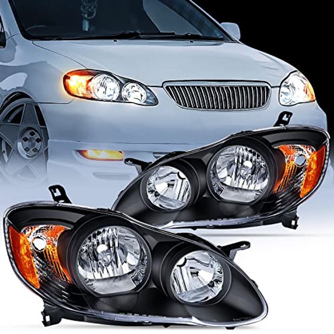 Nilight Headlight Assembly For 2003 2004 2005 2006 2007 2008 Toyota Corolla Headlamps Replacement Black Housing Amber Reflector Driver And Passenger Side - Image 1