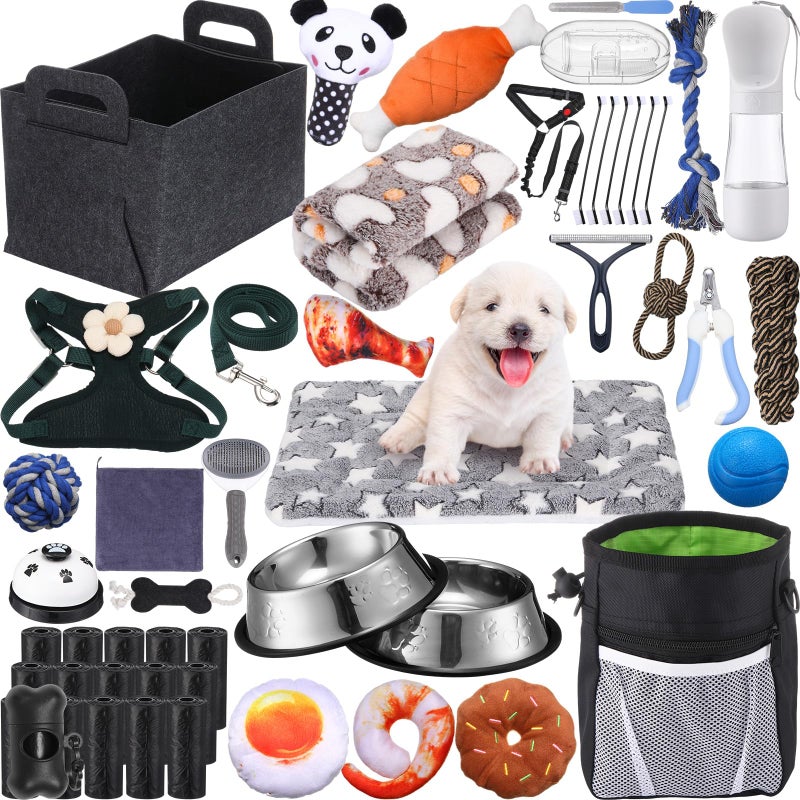 Abbylike 50 Pcs Puppy Starter Kit for Small Dogs Essentials Includes Leash, Bowls, Teeth Brushes, Water Bottle, and More Puppy Accessories for Dogs Welcome Gift Supplies(Black) - Image 1
