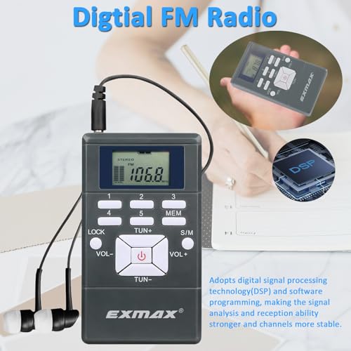 EXMAX E108 Wireless Stereo FM Radio Receiver - Portable Pocket Mini With Earbuds, LCD Clock for Translator Tour Guide System, Jogging, Running, Walking, Yardwork - Gray - Image 3