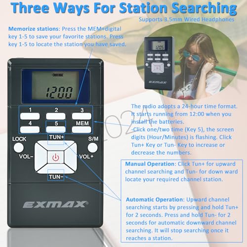 EXMAX E108 Wireless Stereo FM Radio Receiver - Portable Pocket Mini With Earbuds, LCD Clock for Translator Tour Guide System, Jogging, Running, Walking, Yardwork - Gray - Image 5