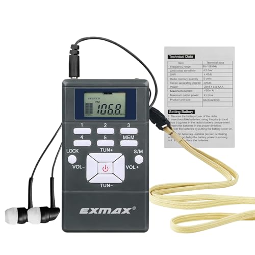 EXMAX E108 Wireless Stereo FM Radio Receiver - Portable Pocket Mini With Earbuds, LCD Clock for Translator Tour Guide System, Jogging, Running, Walking, Yardwork - Gray - Image 1